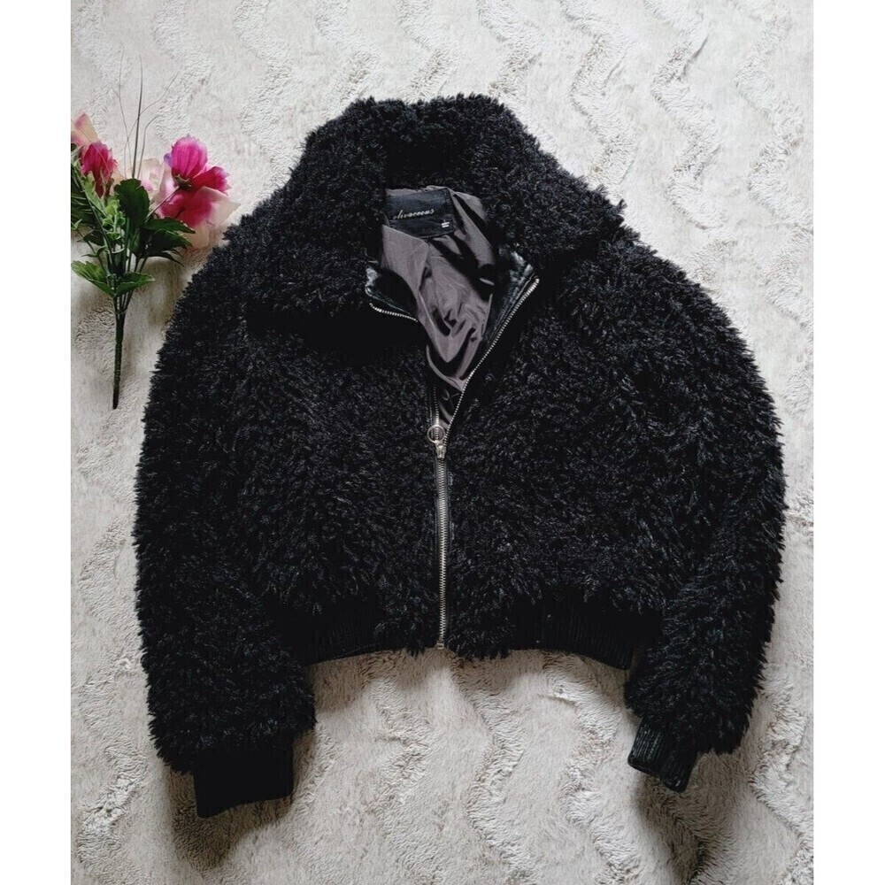 Olivaceous Black Soft Teddy Full Zip Collared‎ Faux Leather Trim Jacket Size L